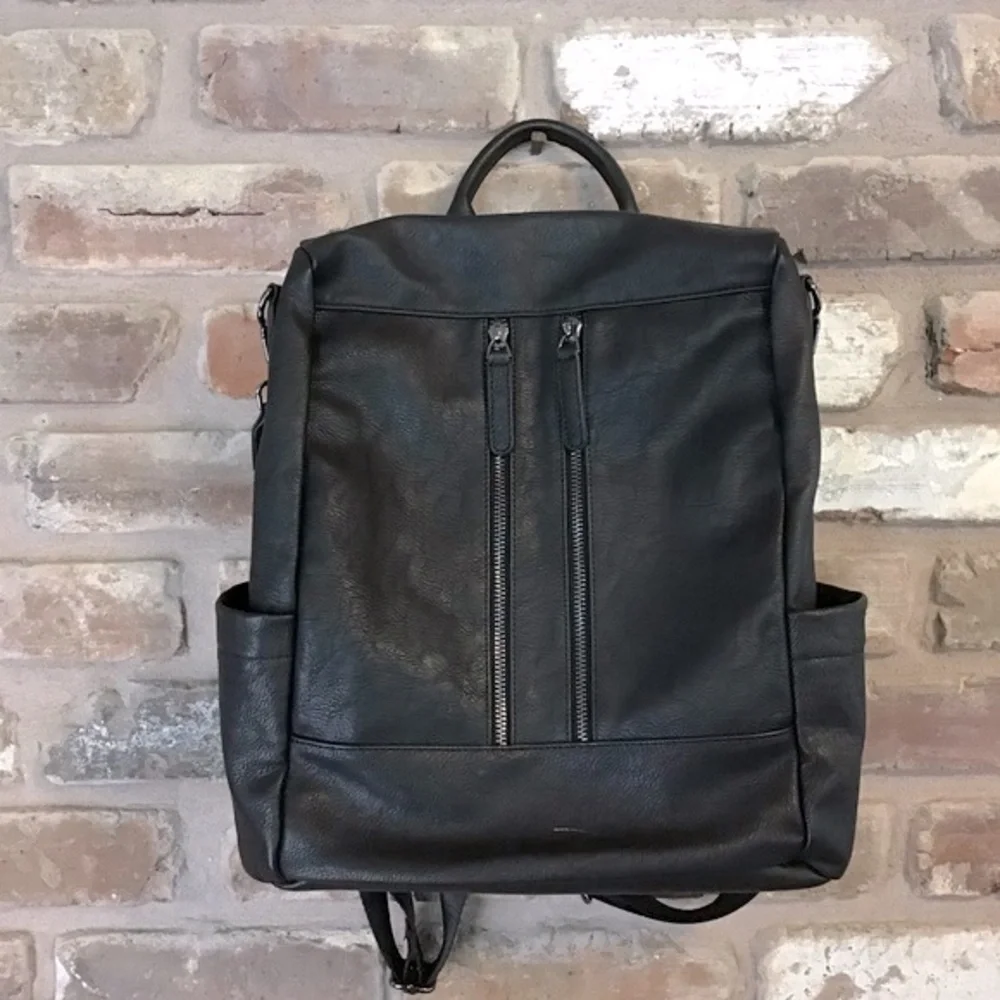 Women's Black Faux Leather Convertible Shoulder Bag Backpack